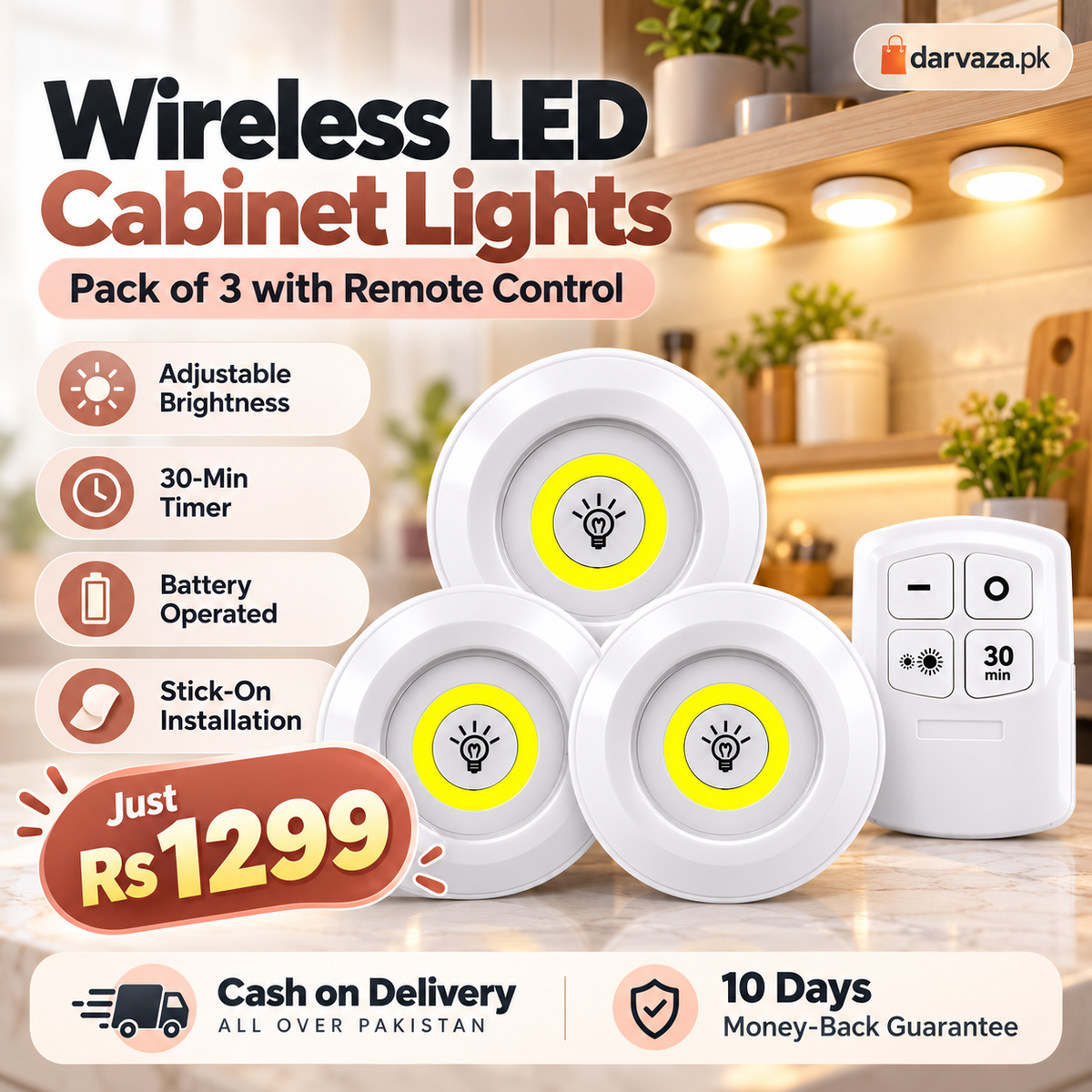 Pack of 3 Wireless LED Cabinet Lights with Remote
