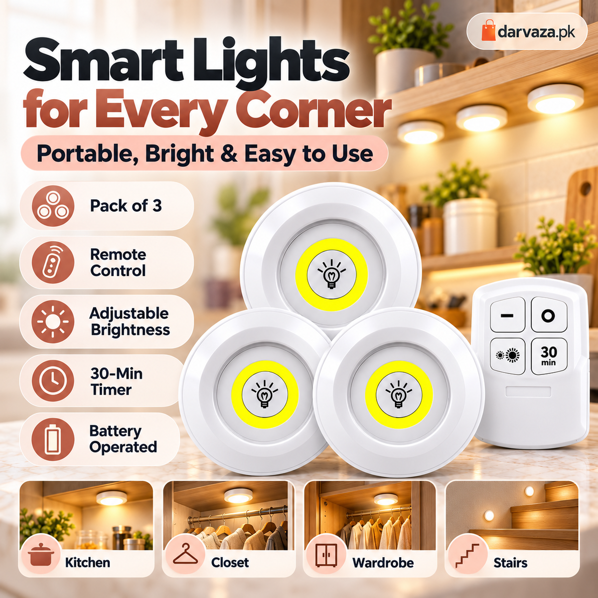 Pack of 3 Wireless LED Cabinet Lights with Remote