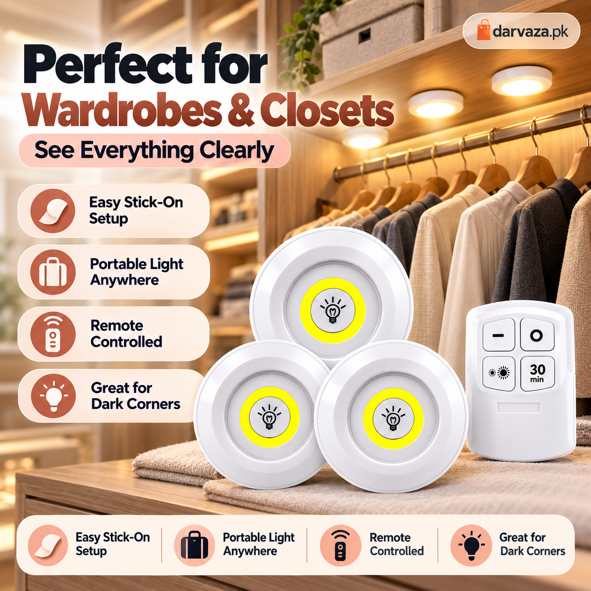 Pack of 3 Wireless LED Cabinet Lights with Remote
