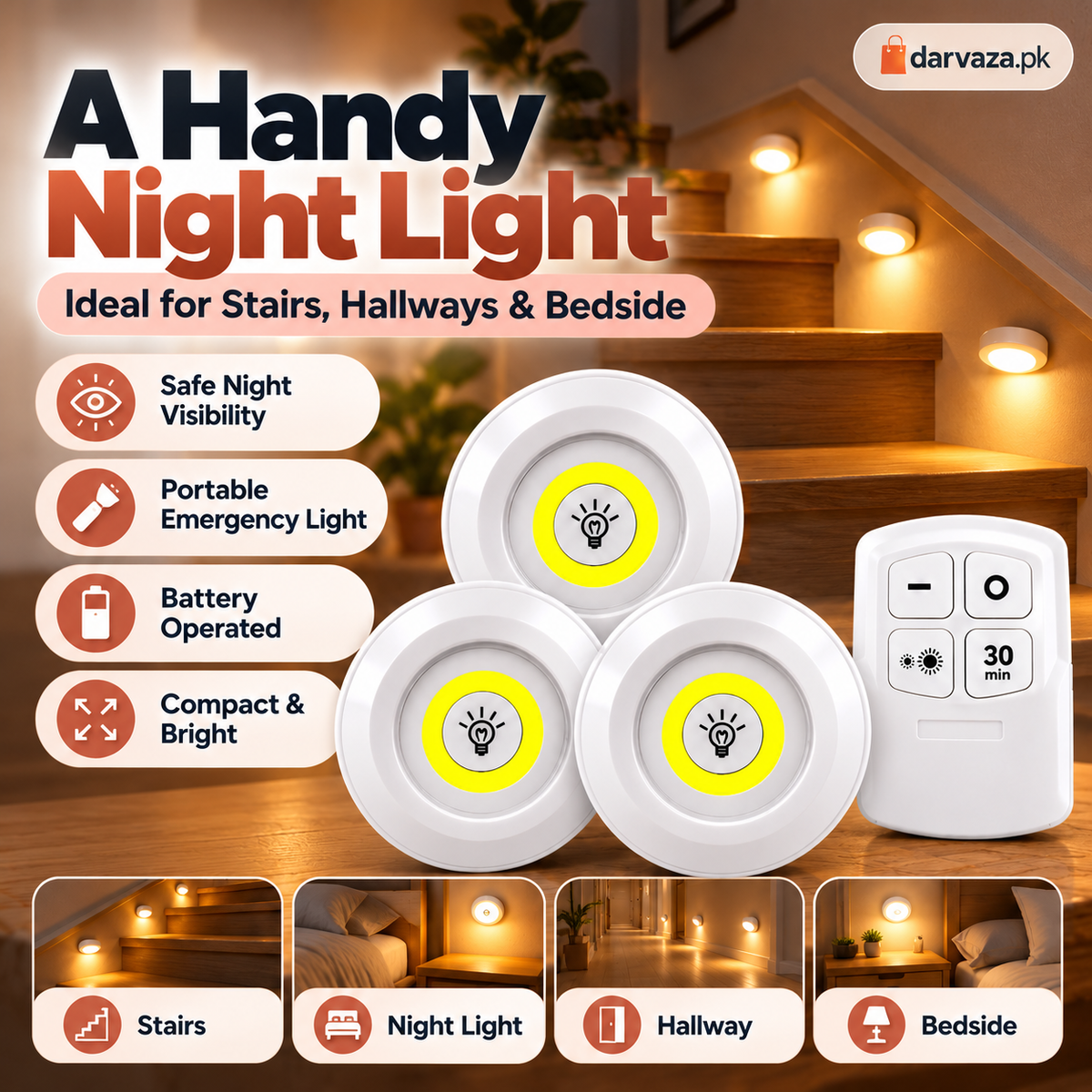 Pack of 3 Wireless LED Cabinet Lights with Remote
