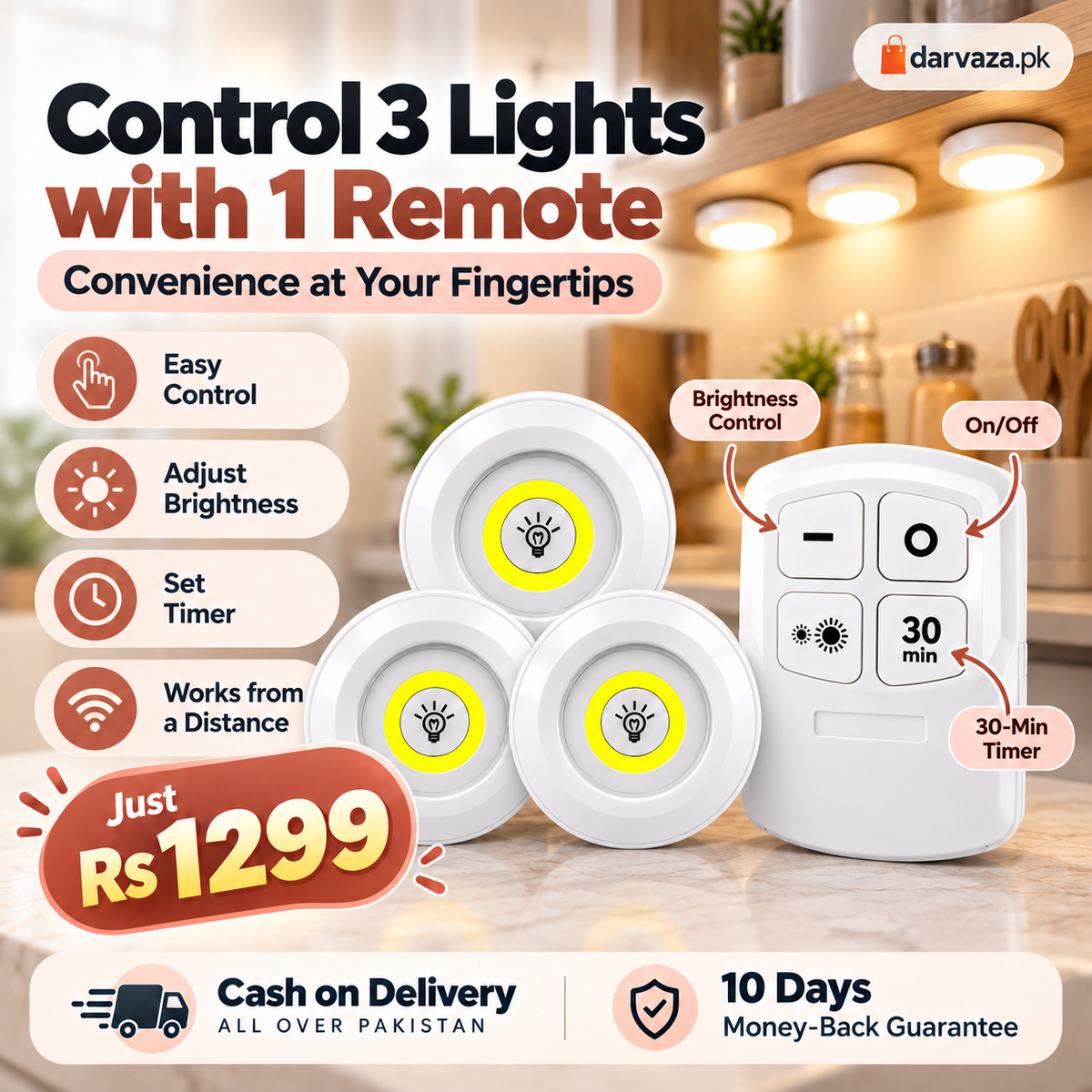 Pack of 3 Wireless LED Cabinet Lights with Remote