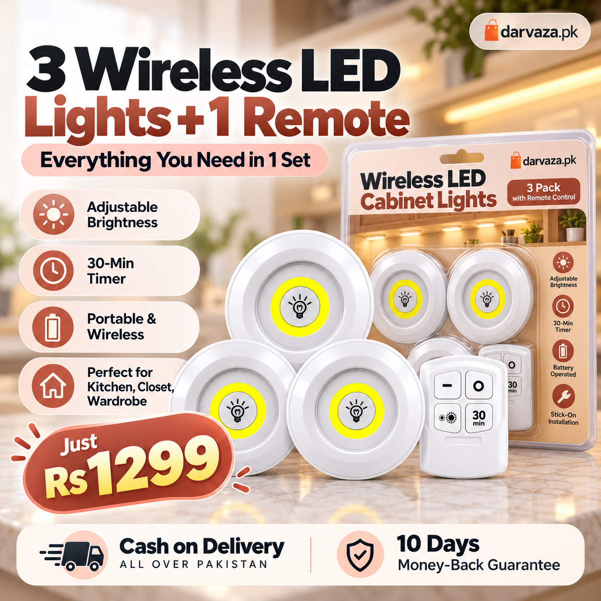 Pack of 3 Wireless LED Cabinet Lights with Remote