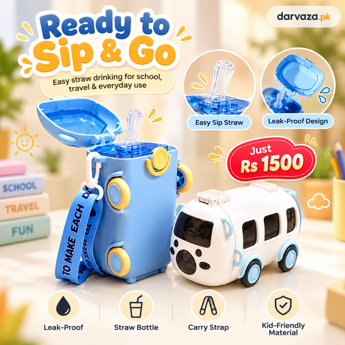 Bus Shaped Water Bottle For Kids Leak proof Water Bottle with Straw & Strap