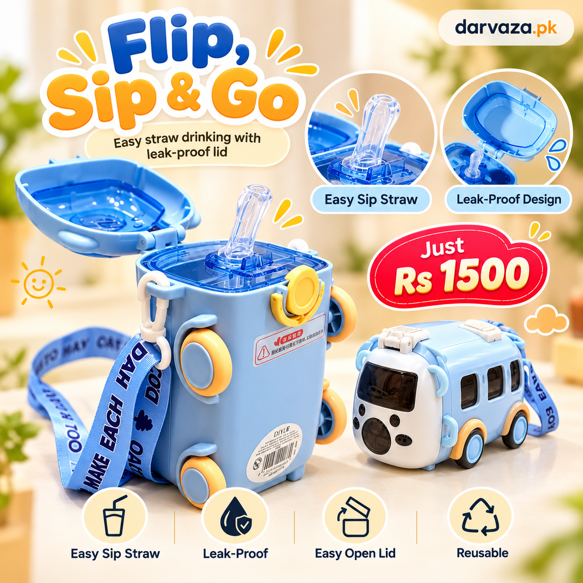 Bus Shaped Water Bottle For Kids Leak proof Water Bottle with Straw & Strap