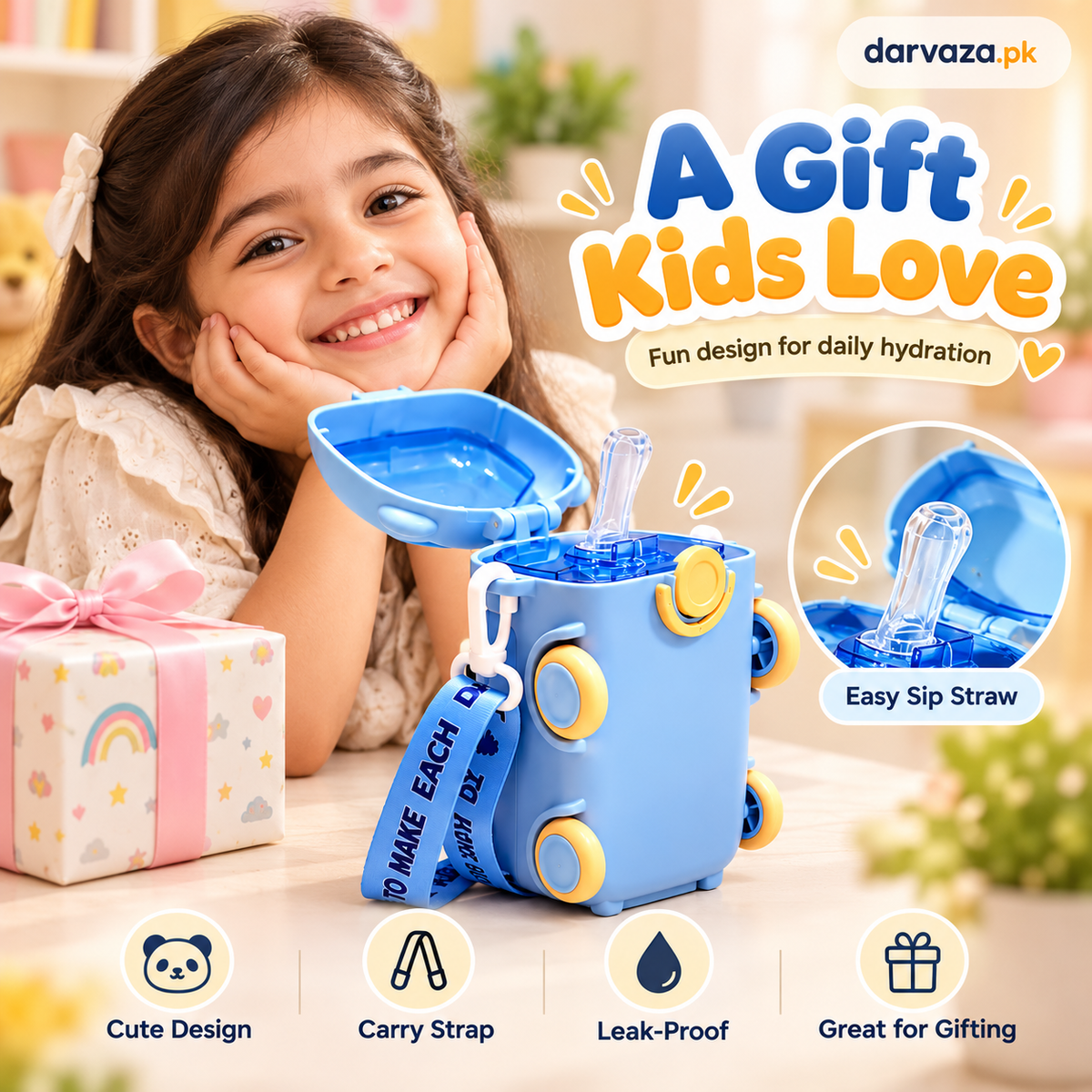 Bus Shaped Water Bottle For Kids Leak proof Water Bottle with Straw & Strap