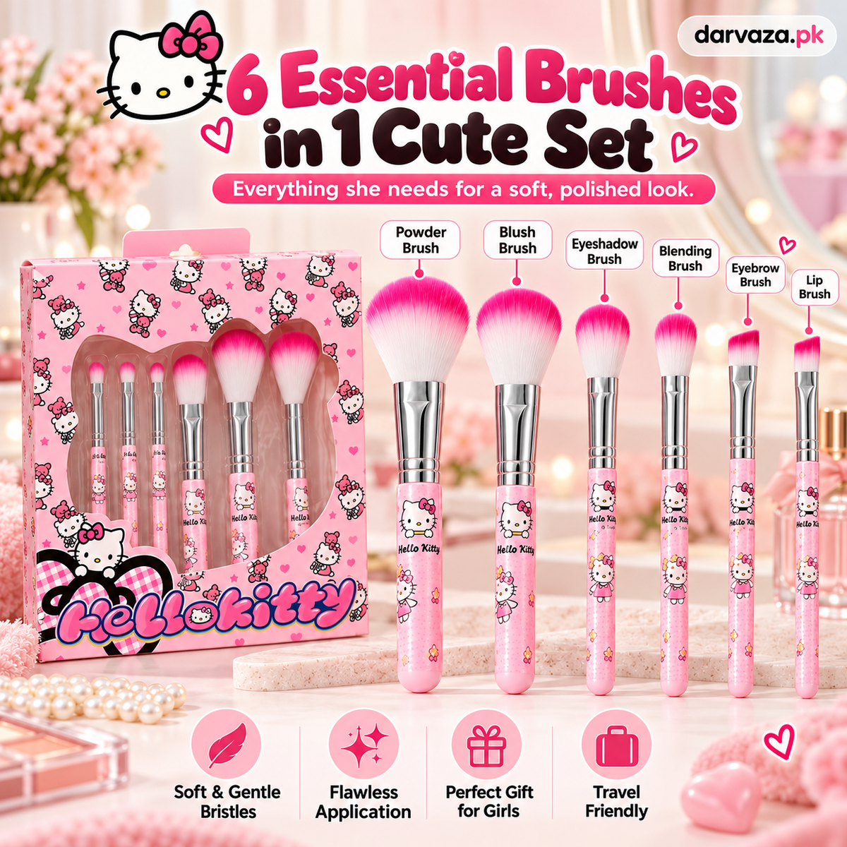 Hello Kitty 6 PCS Makeup Brush Set β Soft and Fluffy Beauty Brushes