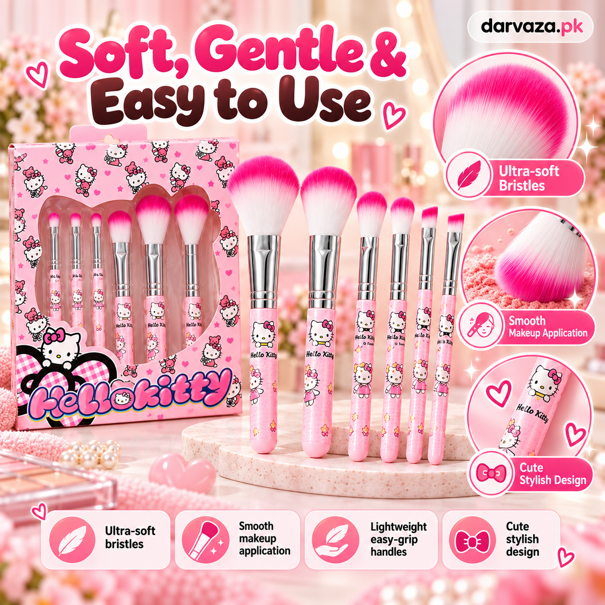 Hello Kitty 6 PCS Makeup Brush Set β Soft and Fluffy Beauty Brushes