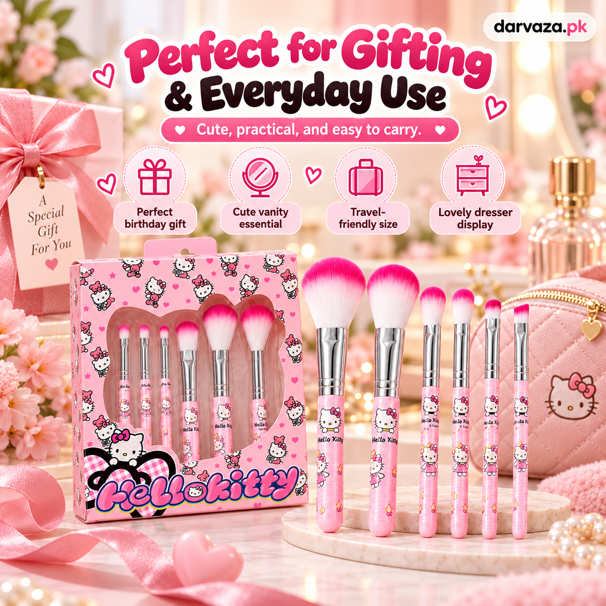 Hello Kitty 6 PCS Makeup Brush Set β Soft and Fluffy Beauty Brushes