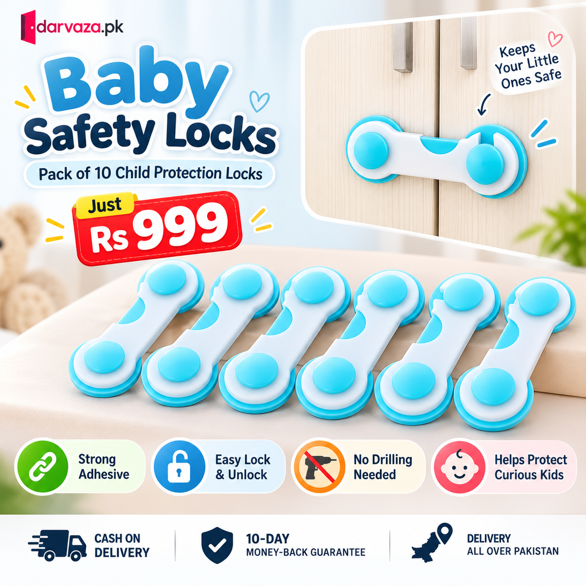 Pack of 10 Baby Safety Locks Child Protection Drawer and Cabinet Locks
