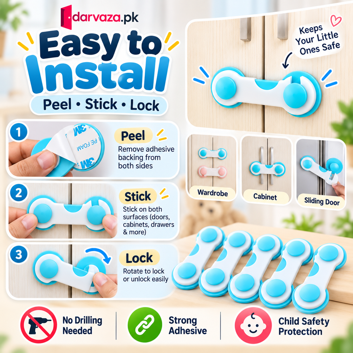 Pack of 10 Baby Safety Locks Child Protection Drawer and Cabinet Locks