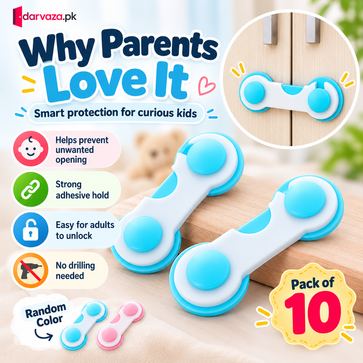Pack of 10 Baby Safety Locks Child Protection Drawer and Cabinet Locks