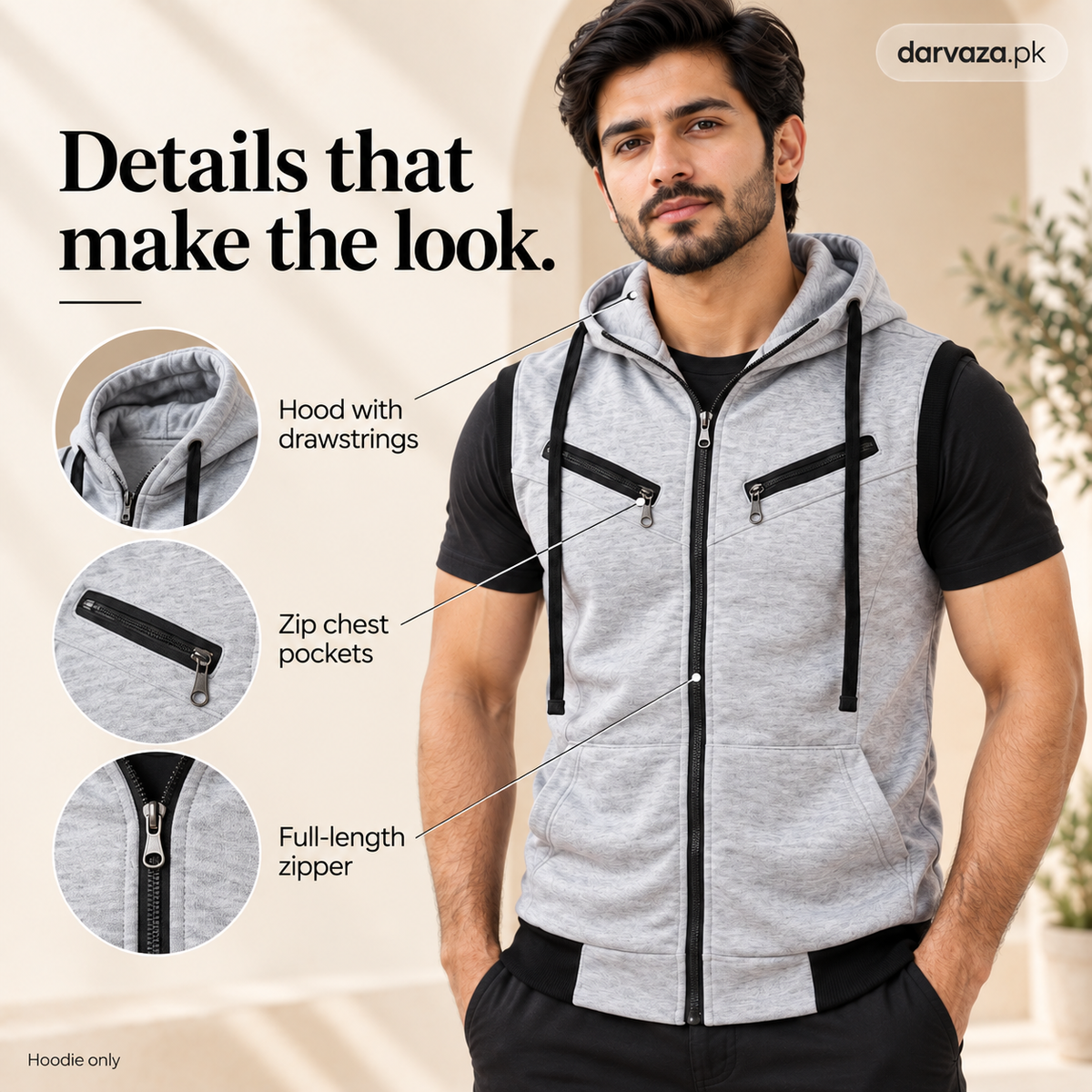 Sleeveless Zipper Hoodie in Gray in Just Rs 999
