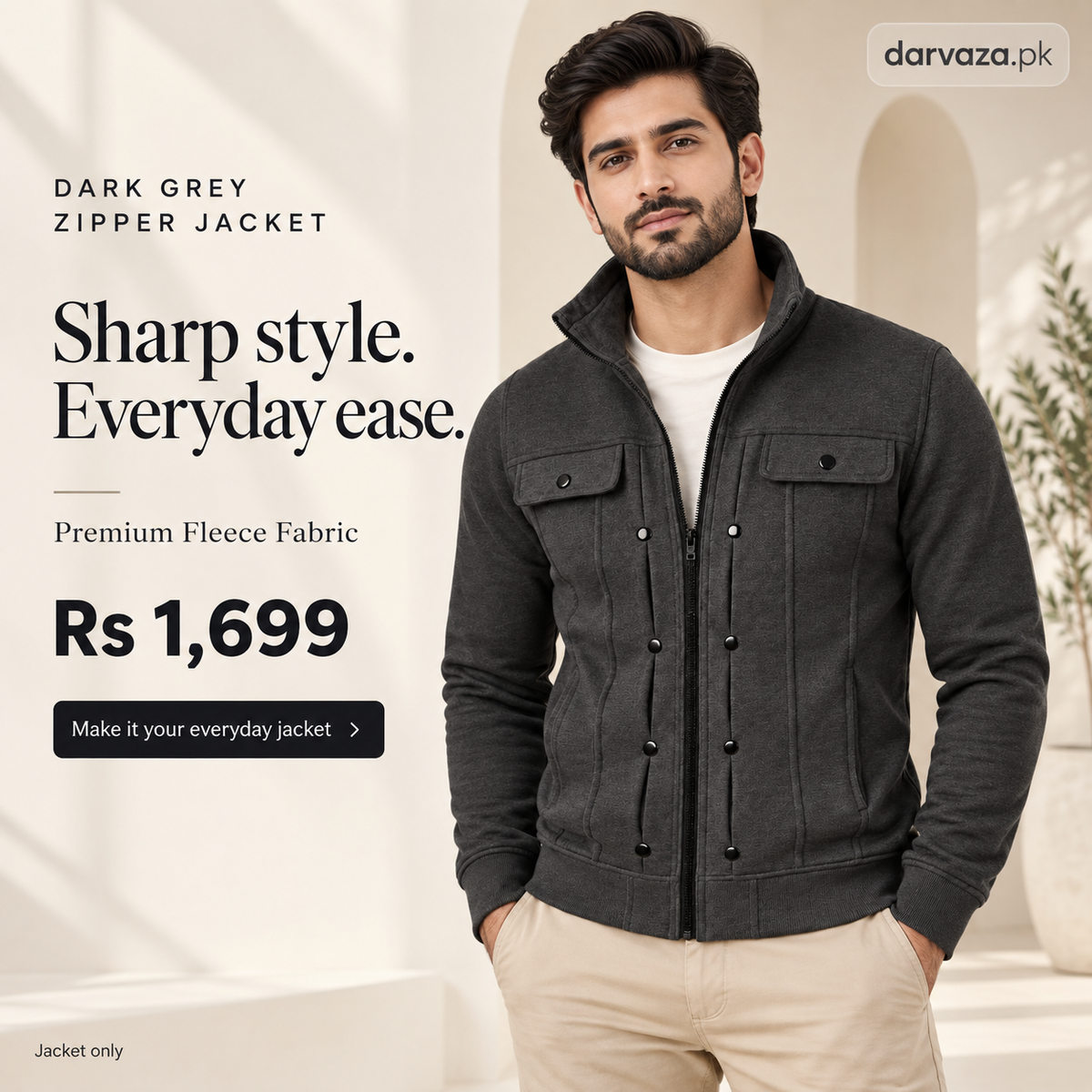 Dark Charcoal Modern Style Zipper Jacket For Men