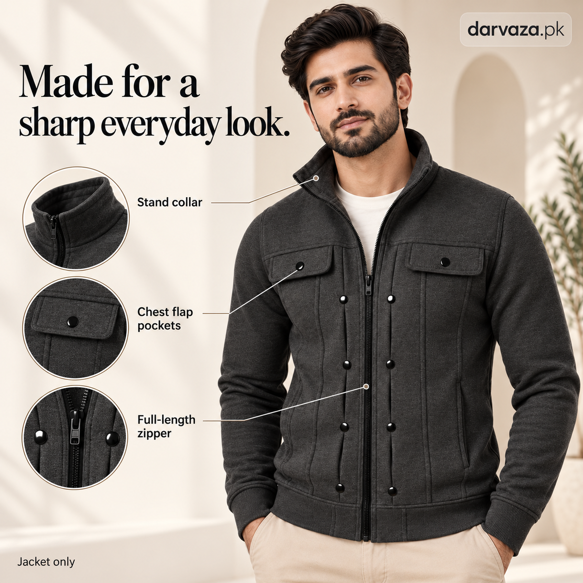 Dark Charcoal Modern Style Zipper Jacket For Men
