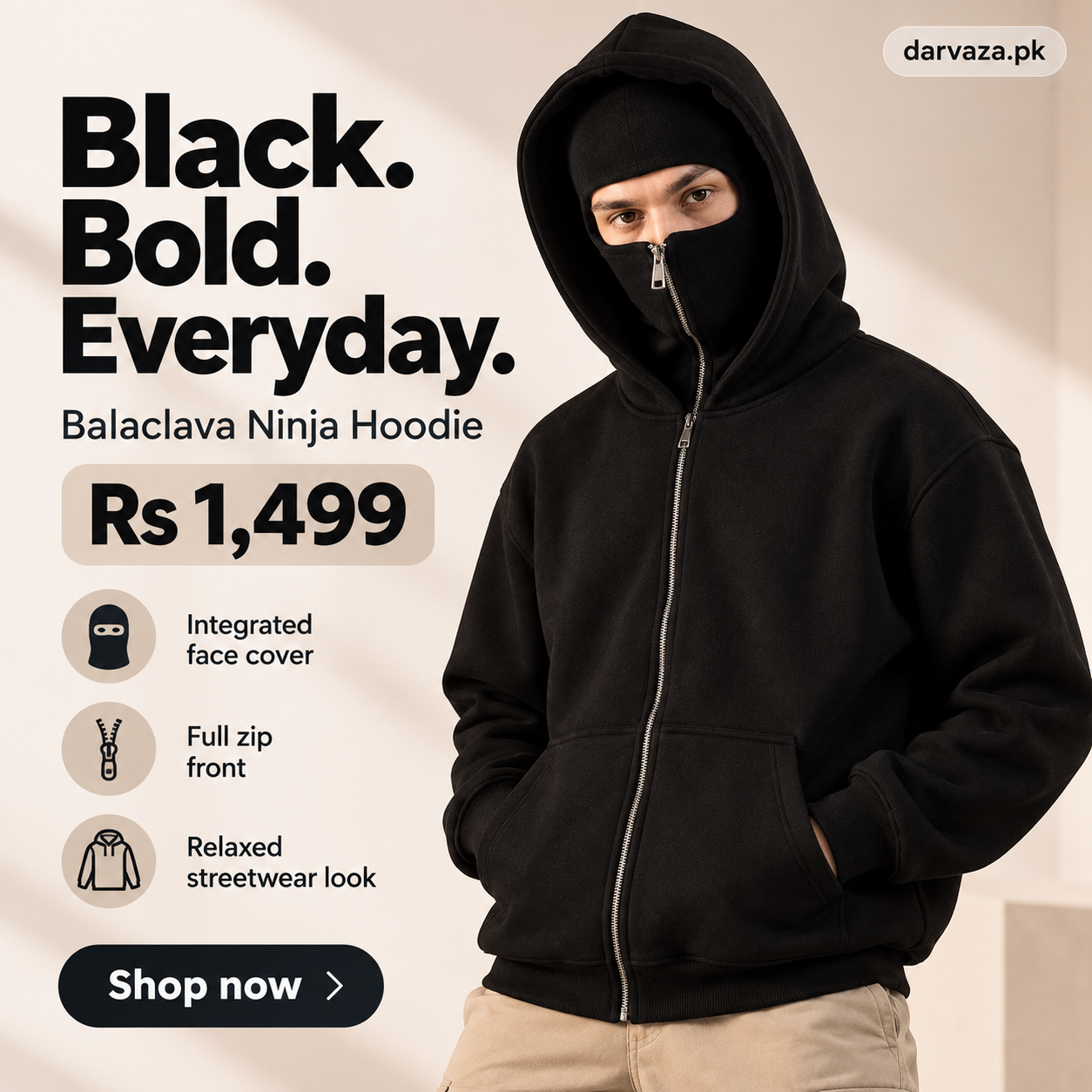 Balaclava Ninja Hoodie in Black – darvaza.pk