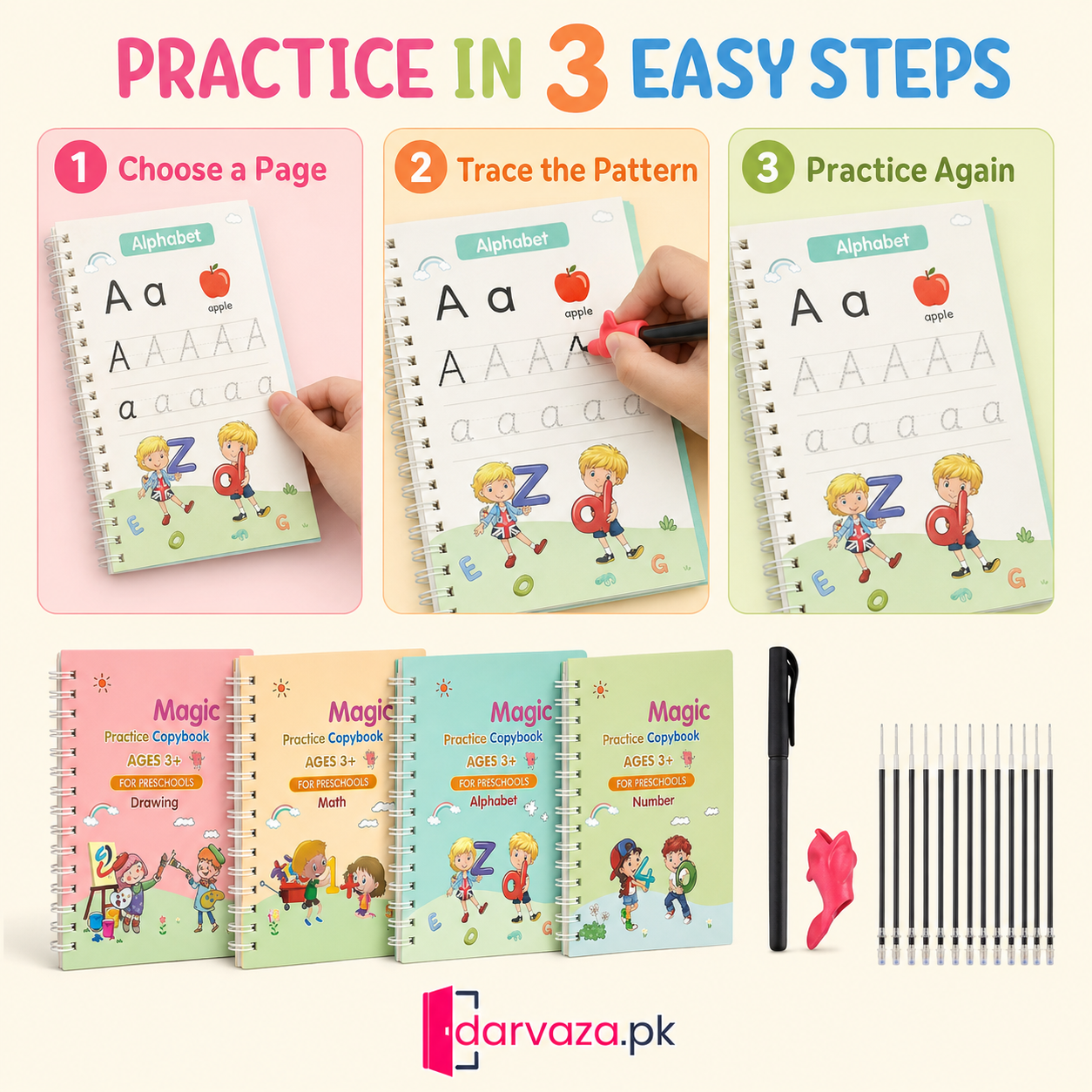 Kids Reusable Practice Book (4 Books + 1 Pen + 1 Grip & 10 Refills) Rs 999