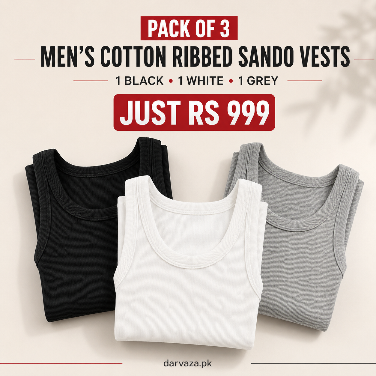 Pack of 3 Menβs Cotton Ribbed Sando Vests