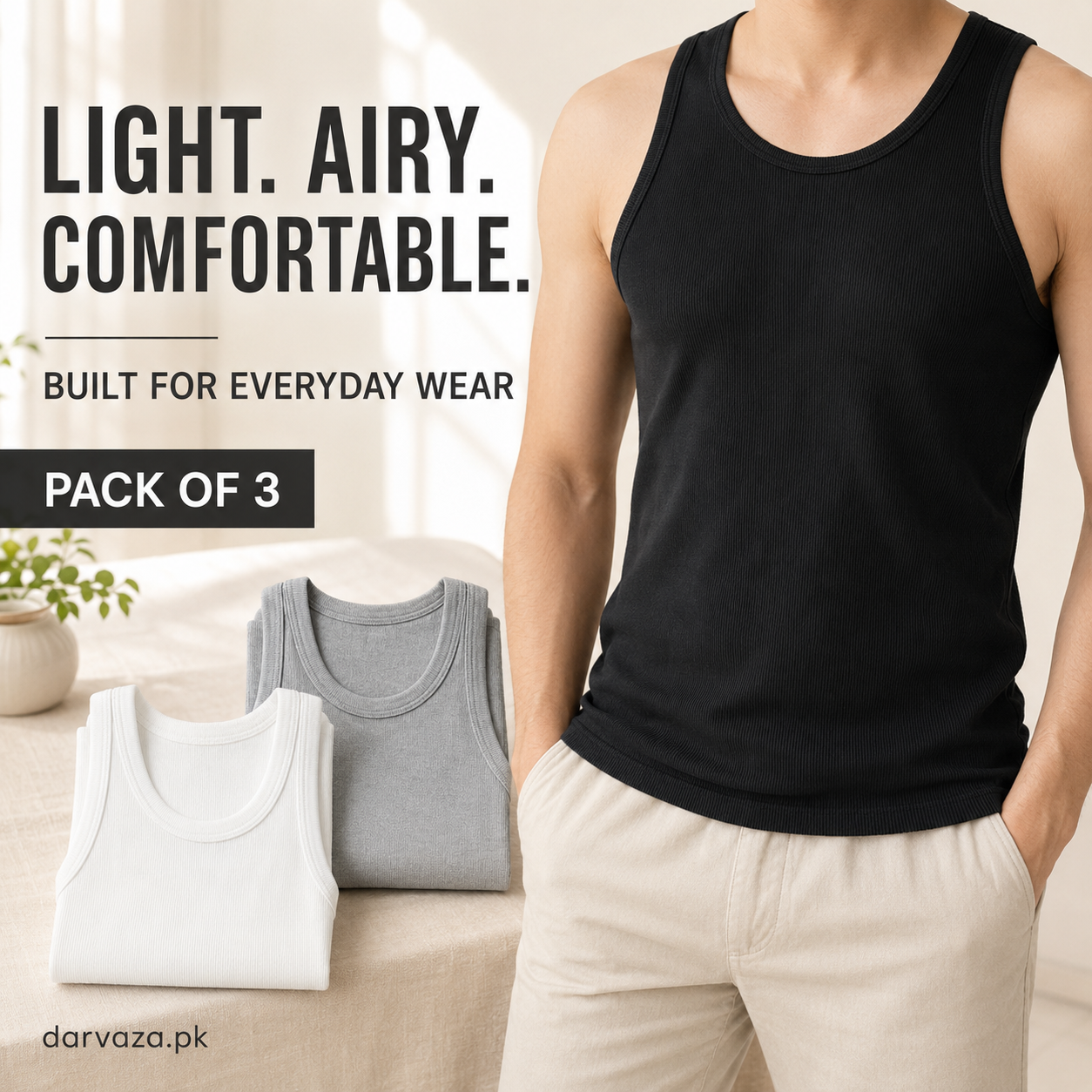 Pack of 3 Menβs Cotton Ribbed Sando Vests