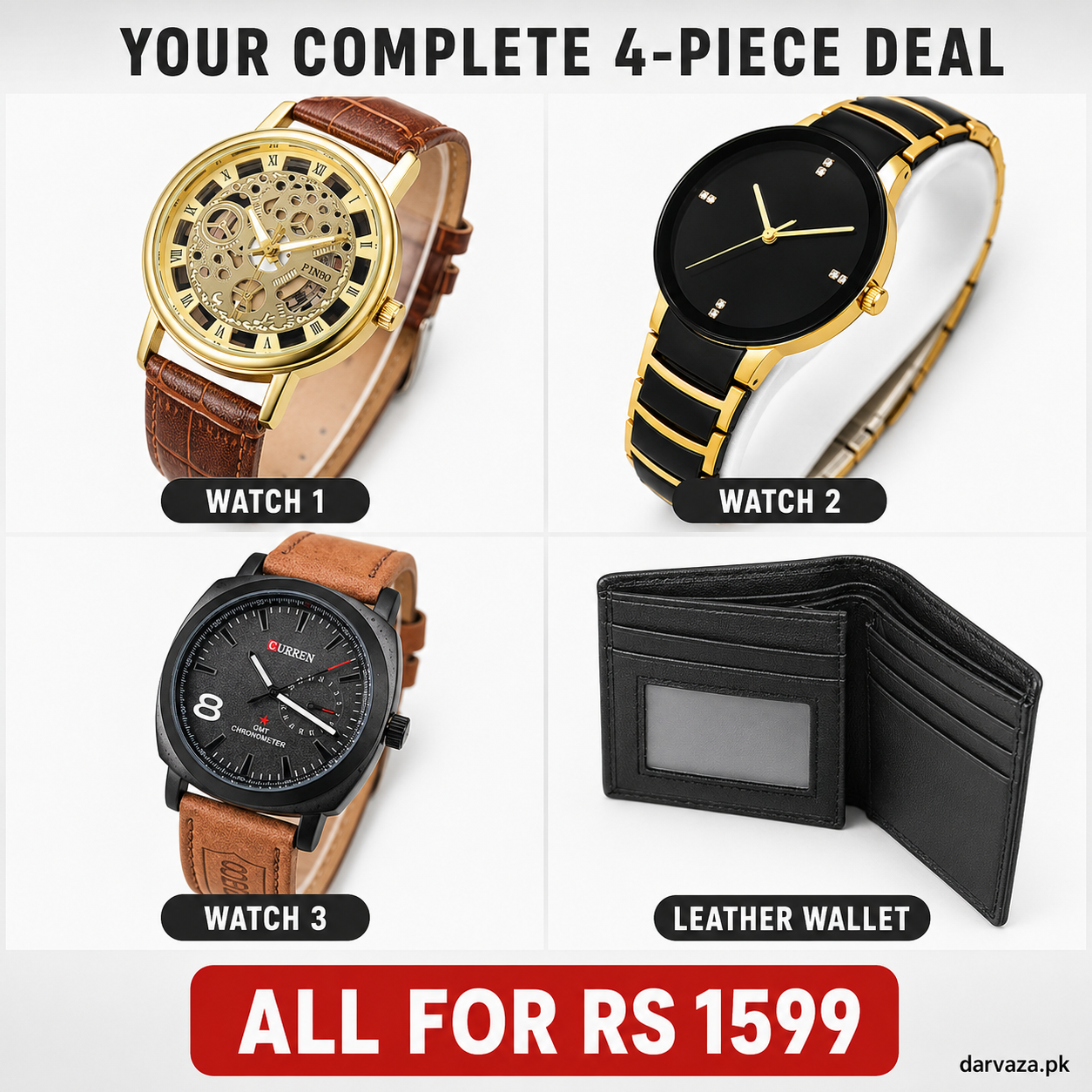 Buy 1 Get 3 Free Deal 3 Wrist Watches & 1 Original Leather Wallet Rs 1599