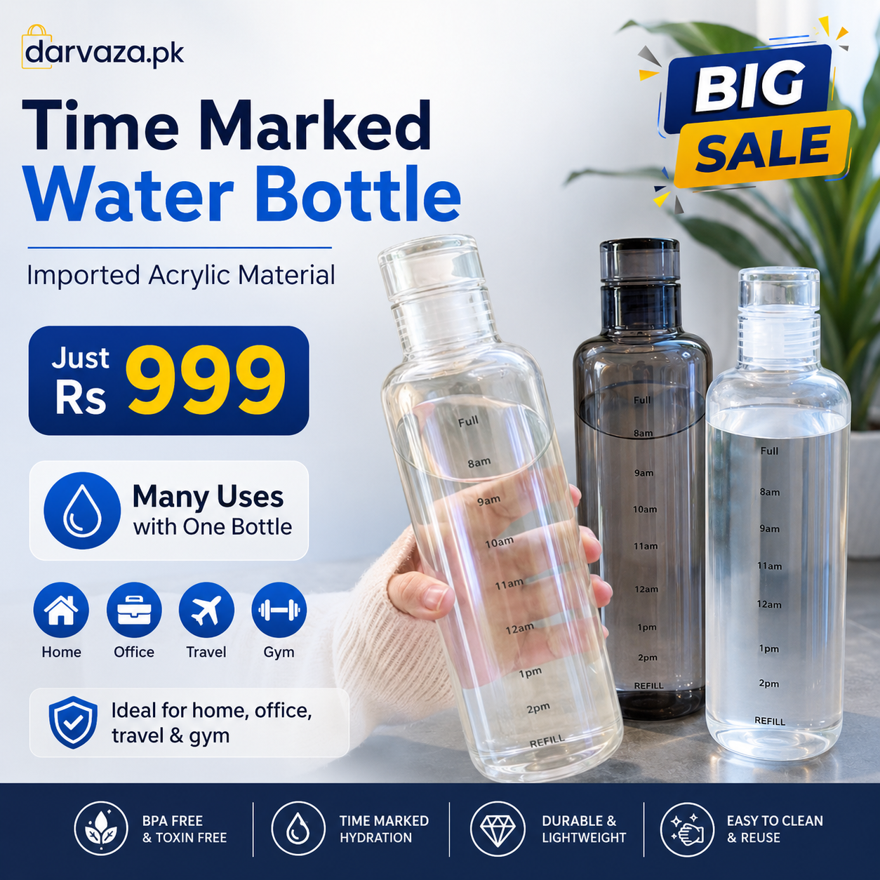 Acrylic Water Bottle with Time Marker β Creative Large Capacity Leakproof Drink Bottle
