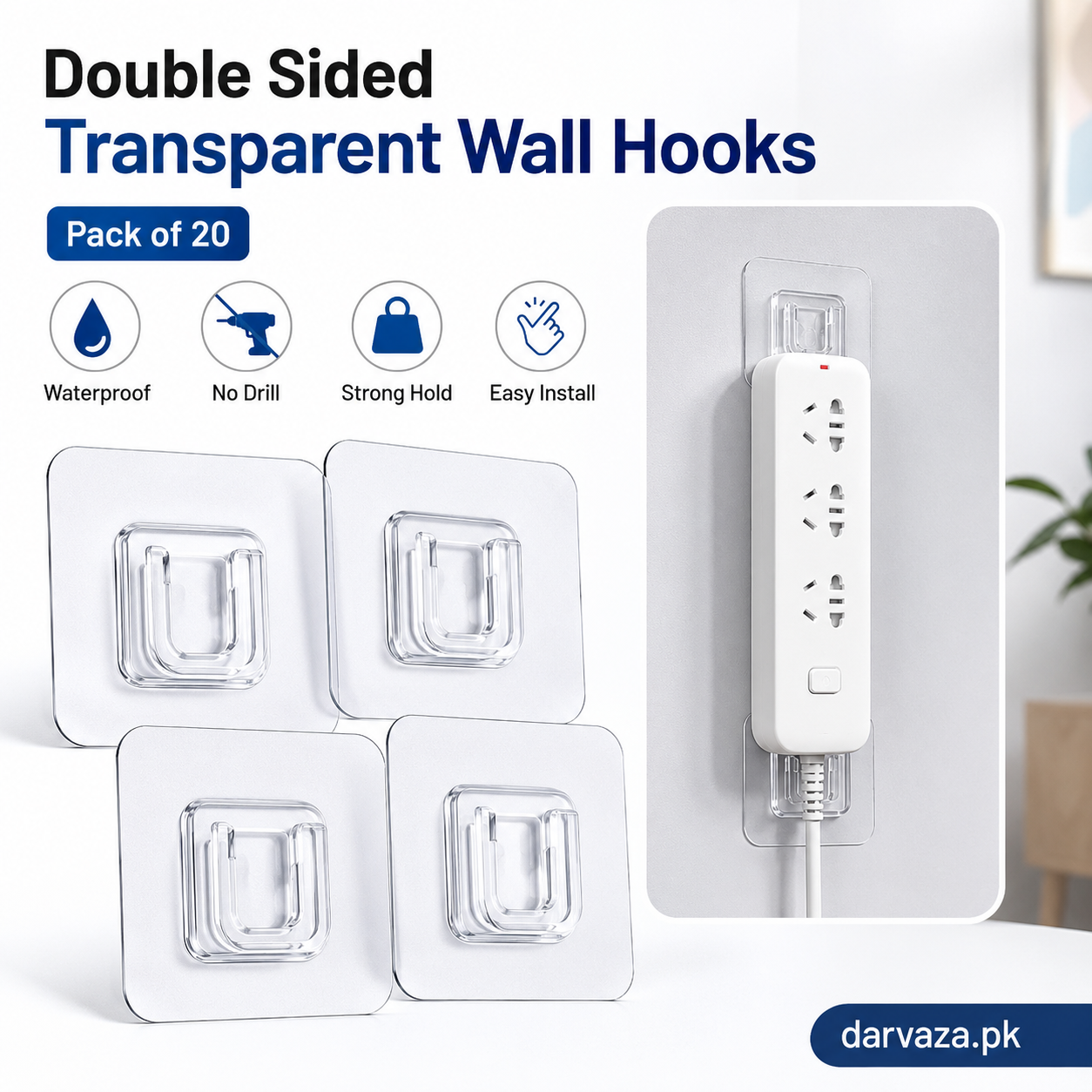 (Pack of 20) Double Sided Transparent Waterproof Self Adhesive Wall Hooks For Storage Organizer