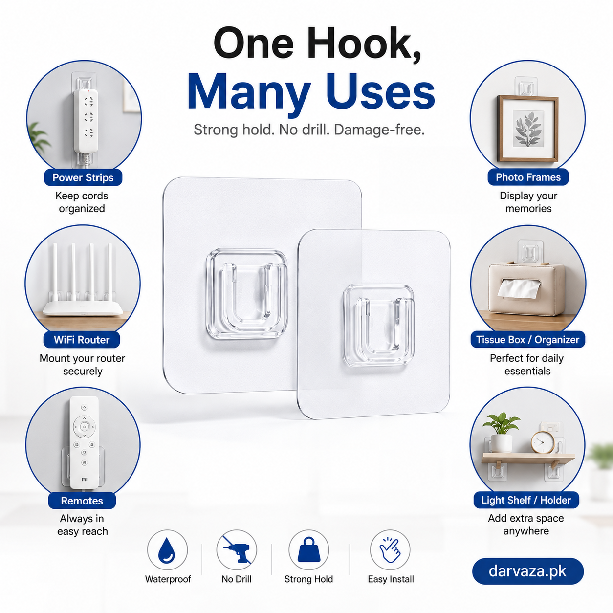 (Pack of 20) Double Sided Transparent Waterproof Self Adhesive Wall Hooks For Storage Organizer