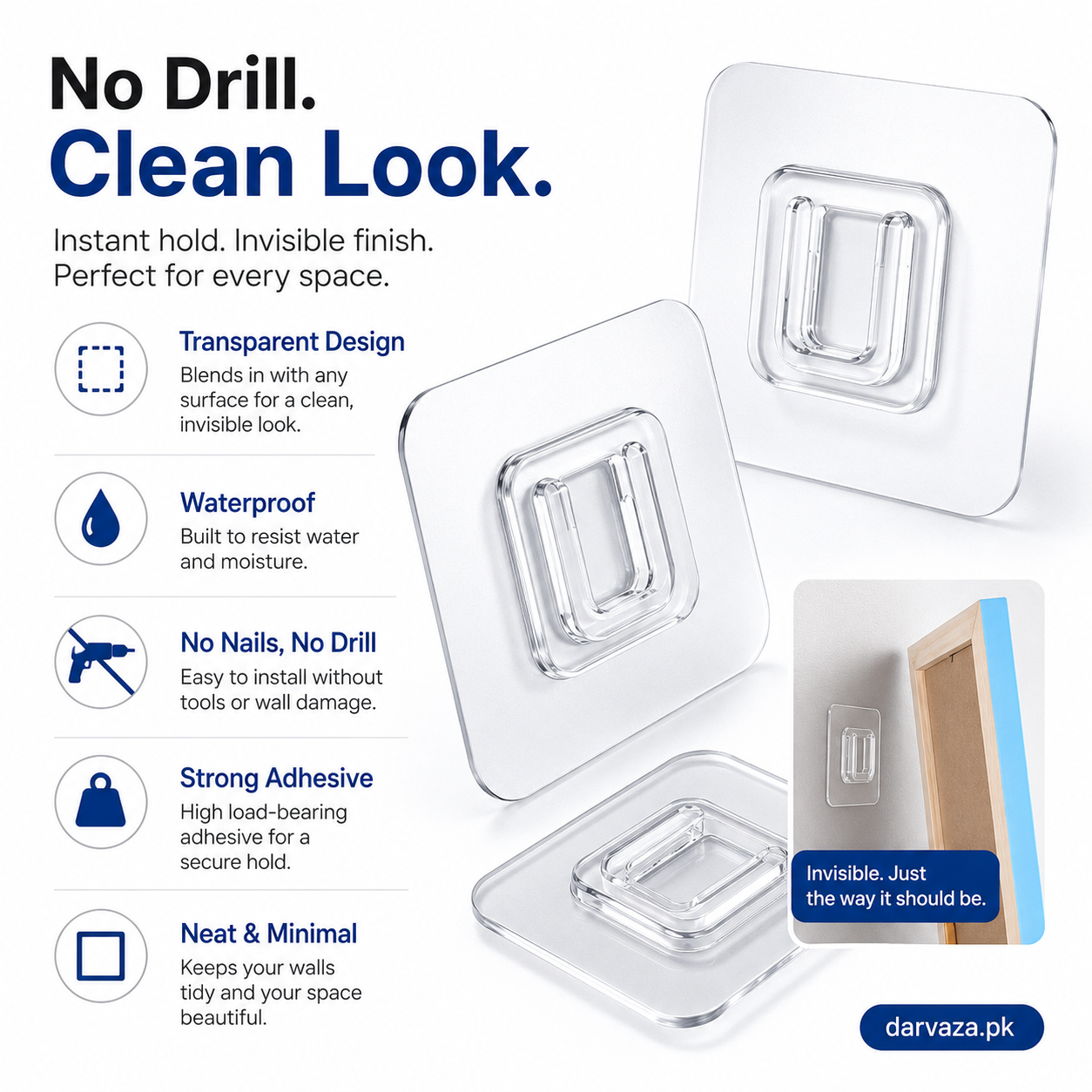 (Pack of 20) Double Sided Transparent Waterproof Self Adhesive Wall Hooks For Storage Organizer