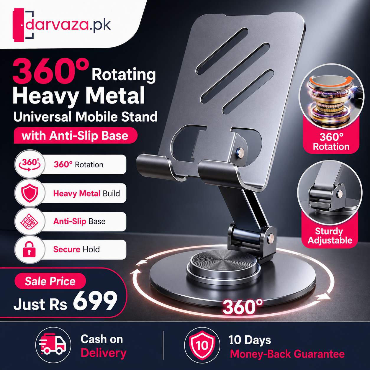 360Β° Rotating Heavy Metal Universal Mobile Stand with Anti-Slip Base for Desk and more β Foldable & Adjustable Holder