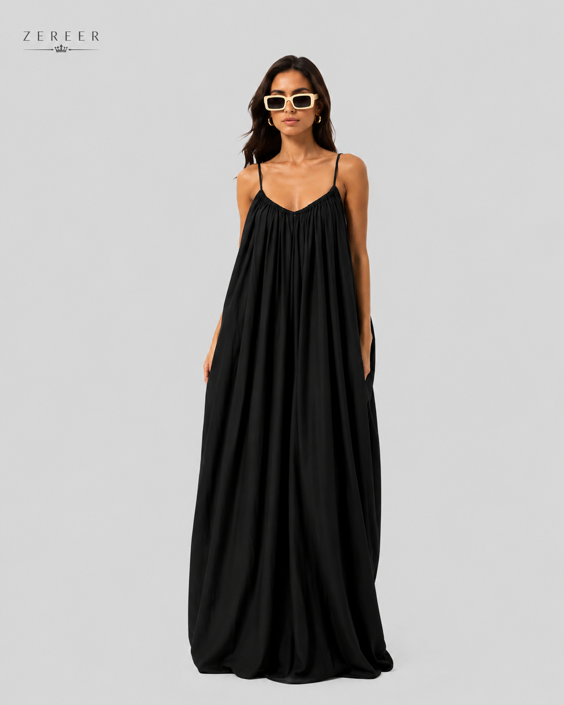 Black Backless Cami Gathered Maxi Dress with Back Flow