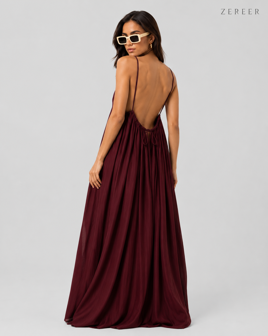 Maroon Backless Cami Gathered Maxi Dress with Back Flow