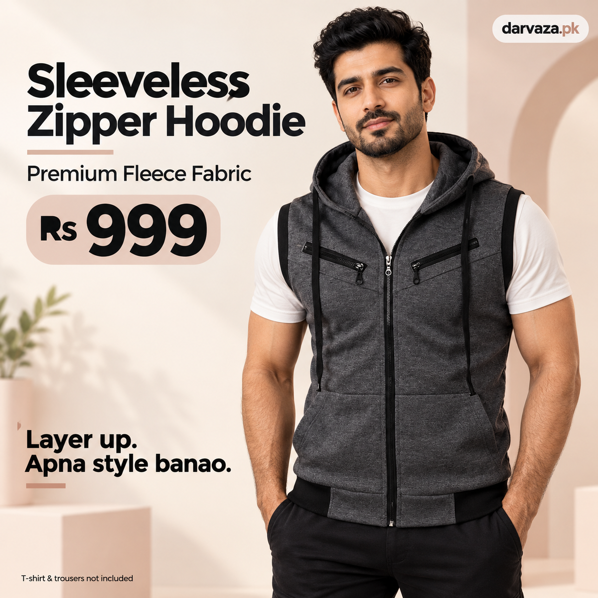 Sleeveless Zipper Hoodie in Charcoal in Just Rs 999