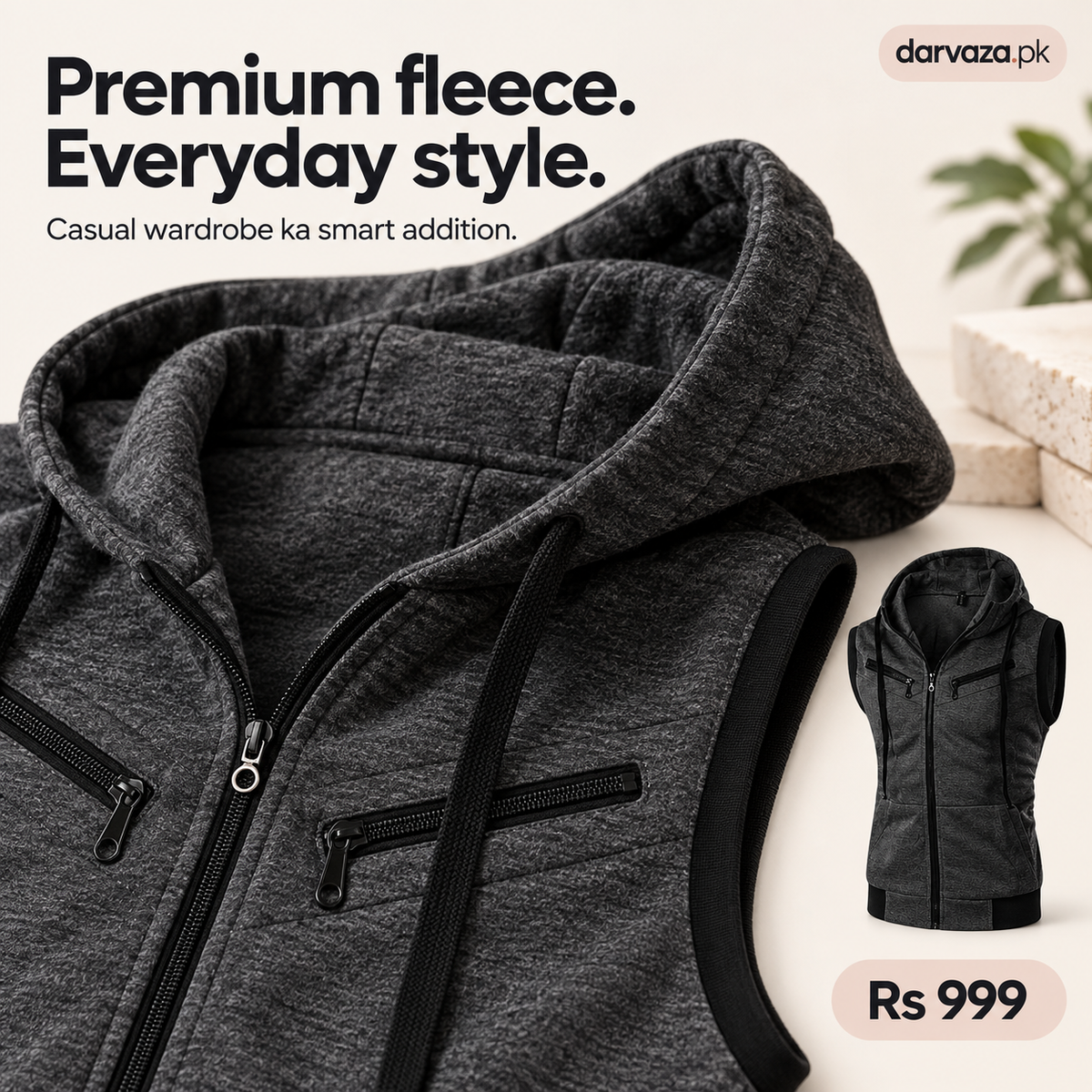 Sleeveless Zipper Hoodie in Charcoal in Just Rs 999