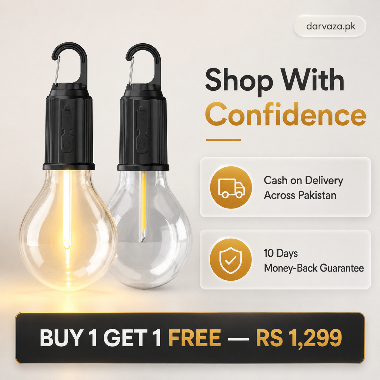 Buy 1 Get 1 Free Offer LED Lamp Bulb with Clip Hook Rechargeable Waterproof