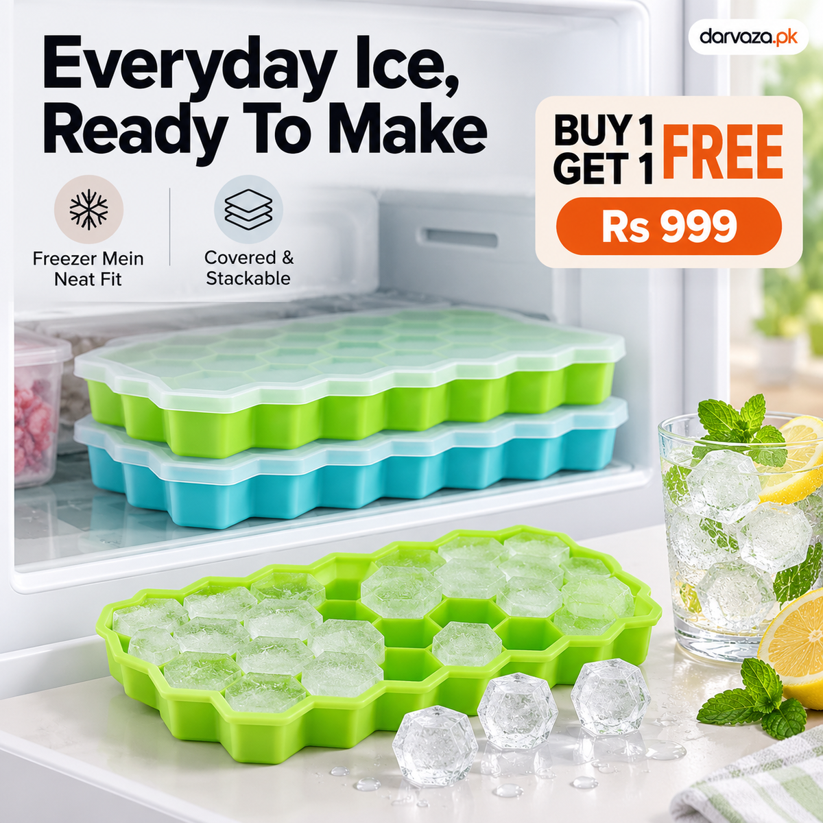 2Pcs Reusable Silicone 37 Cavity Honeycomb Ice Cube Trays Mold BPA Free Ice Maker with Removable Lids