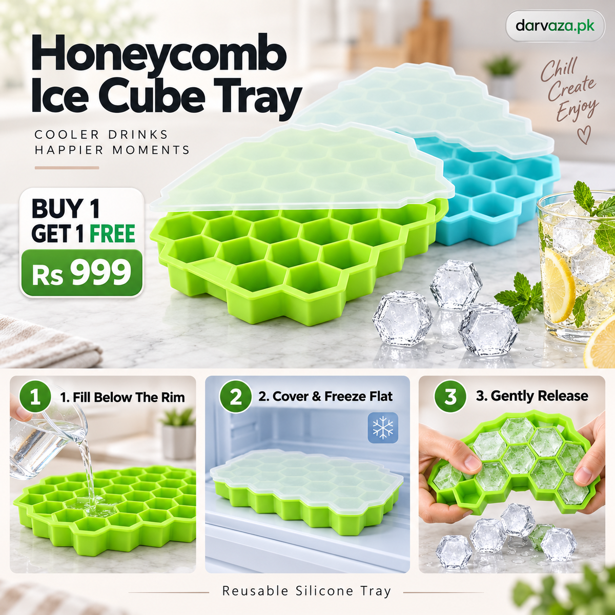 2Pcs Reusable Silicone 37 Cavity Honeycomb Ice Cube Trays Mold BPA Free Ice Maker with Removable Lids