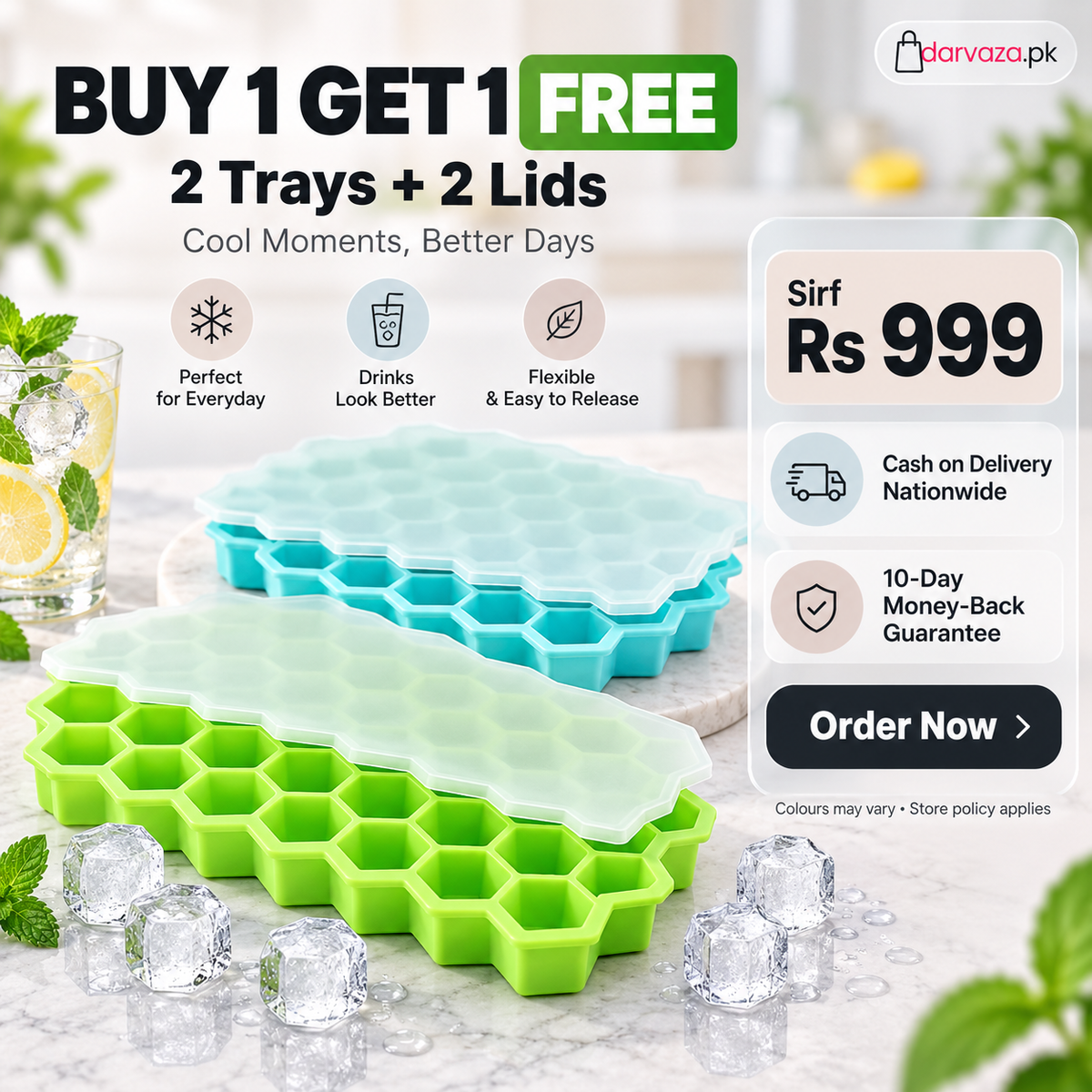 2Pcs Reusable Silicone 37 Cavity Honeycomb Ice Cube Trays Mold BPA Free Ice Maker with Removable Lids