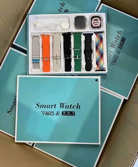 Ultra Y60 Premium Quality 8 in 1 Smartwatch β 7 Variable Straps & Chain & Ocean Strap With Ultra Watch Case & Wireless Charger in just Rs 6499