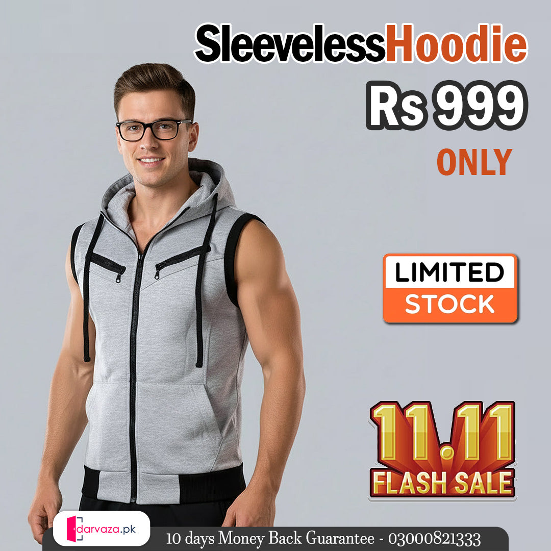 Sleeveless Zipper Hoodie in Gray in Just Rs 999