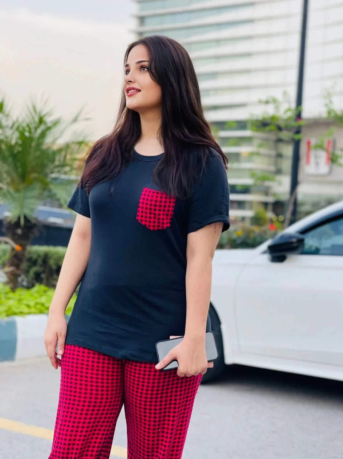 Black and Red Check Style Night Suit