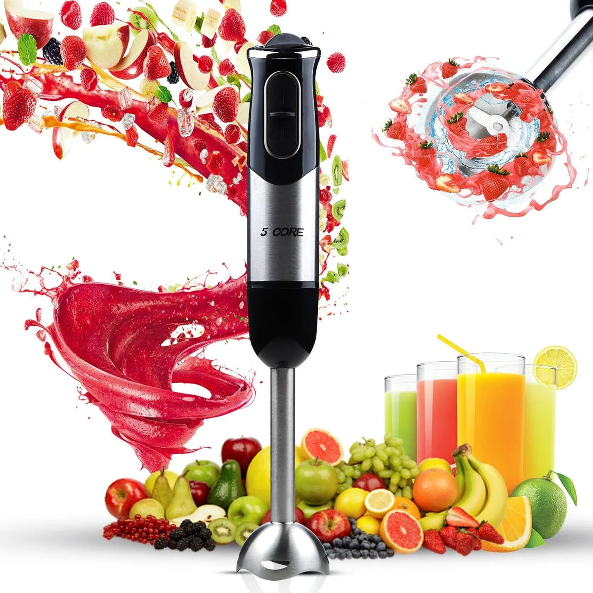 Immersion Hand Held Blender Stick with Food Grade Stainless Steel Blades for Perfect for Smoothies, Puree Baby Food & Soup