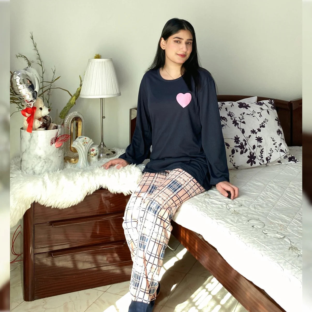 Blue Pink Check Style Nightwear Set
