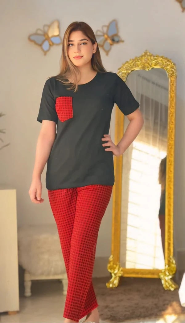 Black and Red Check Style Night Suit