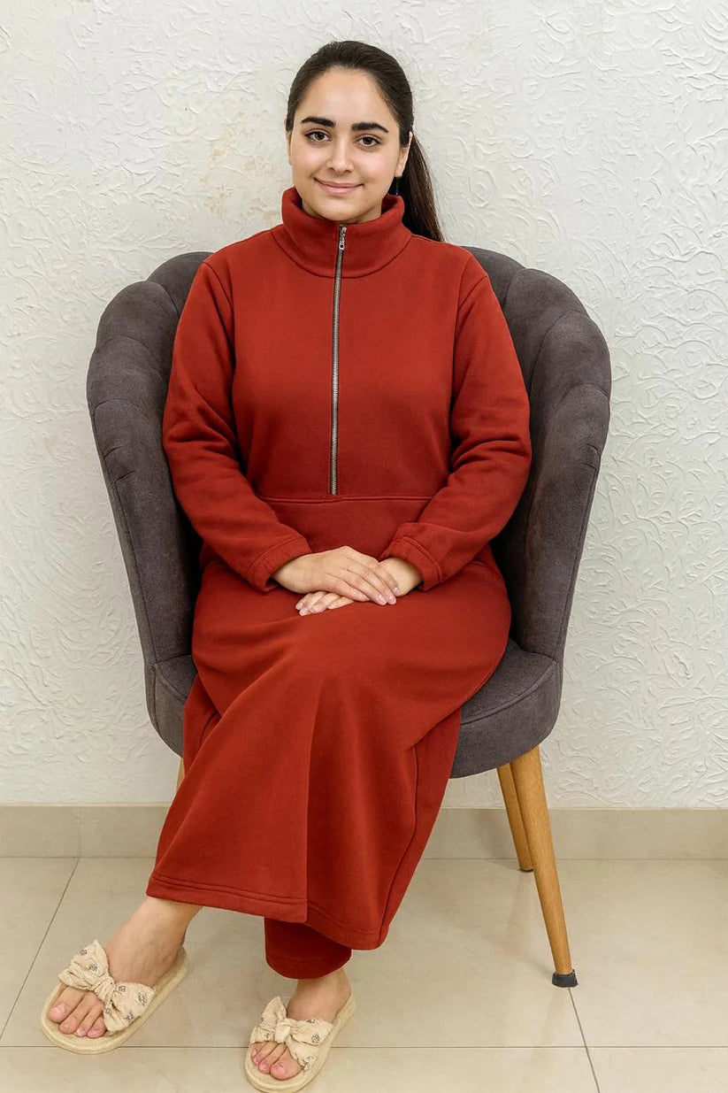 Long Winter Warm Fleece Dress – Brown
