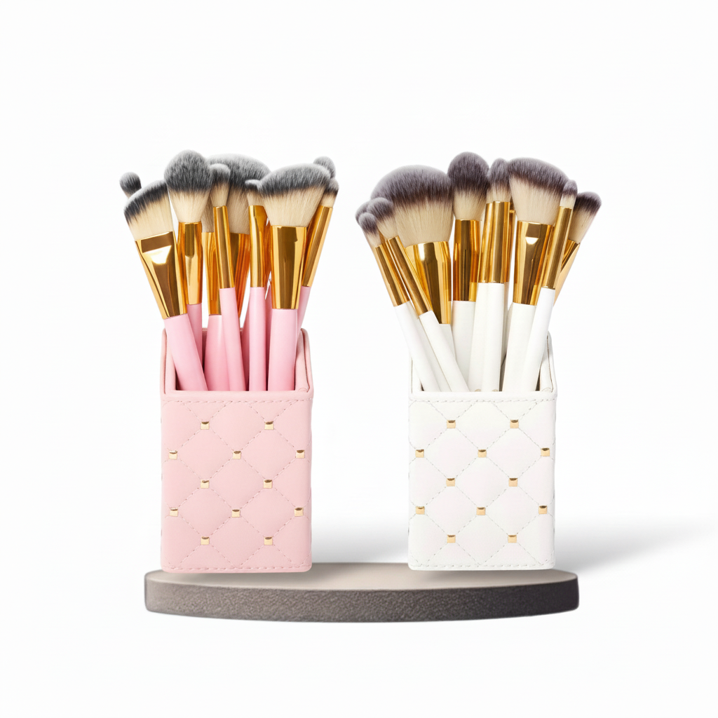 Luxury & Stylish Cosmetics Studded Elegance 12 Pc Brush Set – Premium Makeup Brushes with Holder – Random Colours