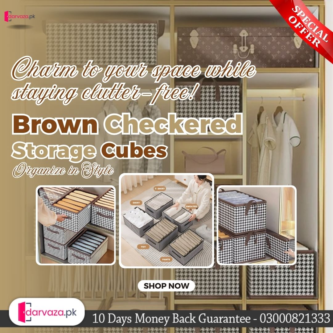 4 Pcs Brown Checkered Storage Cubes - Premium Foldable Closet Organizer Bins with Handles for Clothes, Toys & Accessories