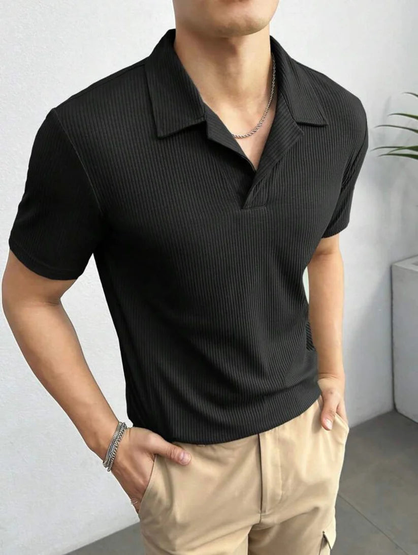Premium Waffle Knitted Polo – BLACK
