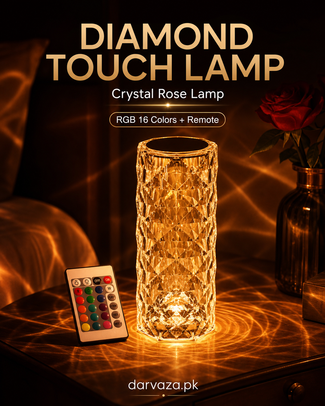 USB Rechargeable Crystal Rose Diamond Touch Lamp LED With RGB 16 Colors and Remote