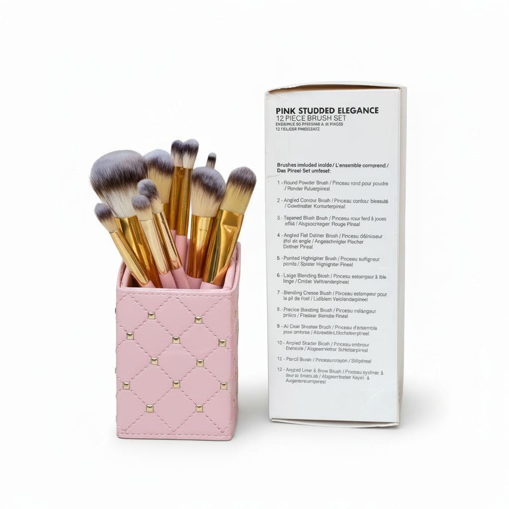Luxury & Stylish Cosmetics Studded Elegance 12 Pc Brush Set – Premium Makeup Brushes with Holder – Random Colours