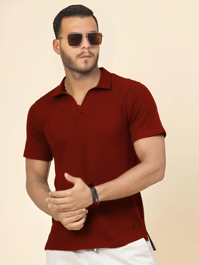 Premium Waffle Knitted Polo – MAROON
