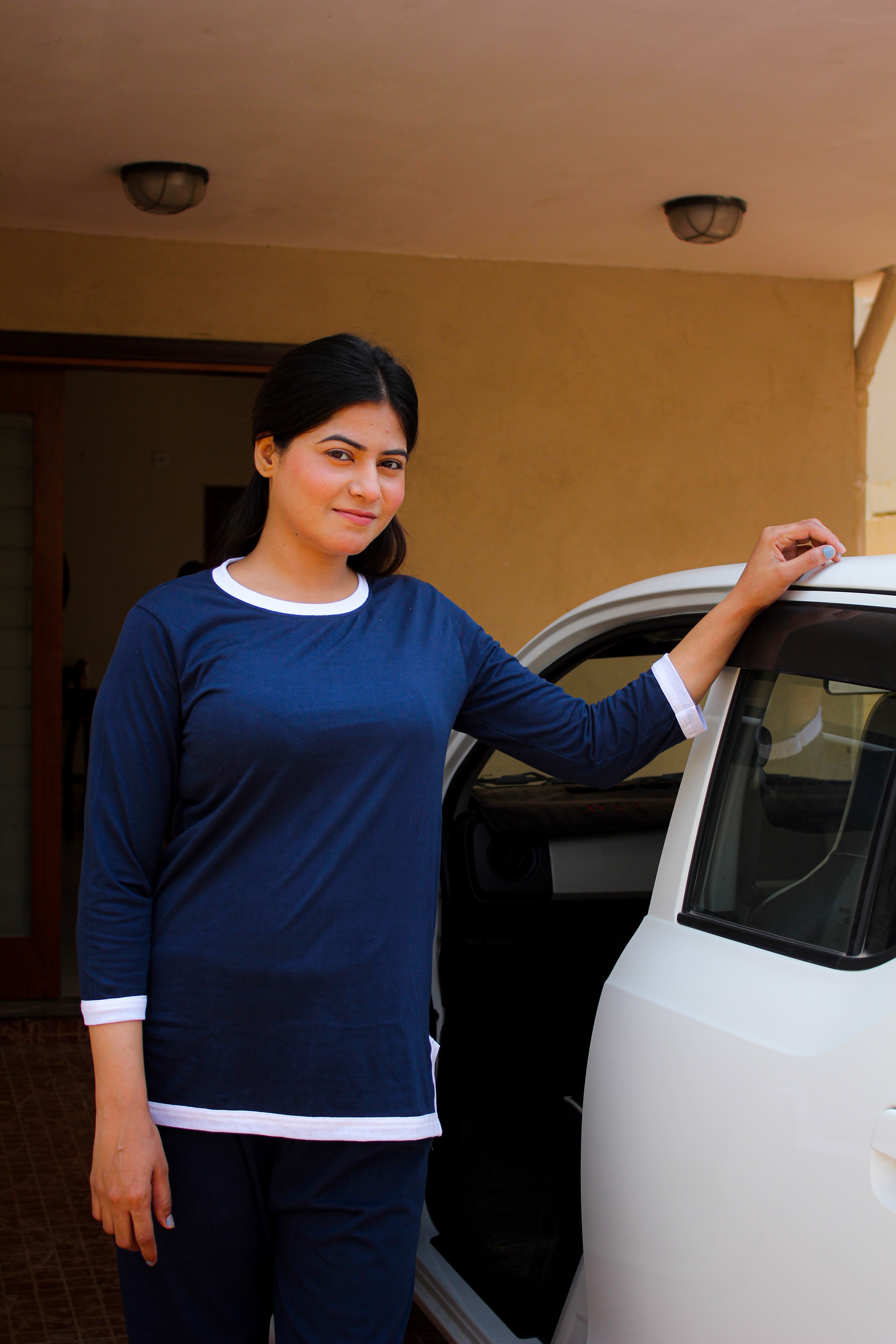 Navy Blue White Round Neck Plazzo PJ Set